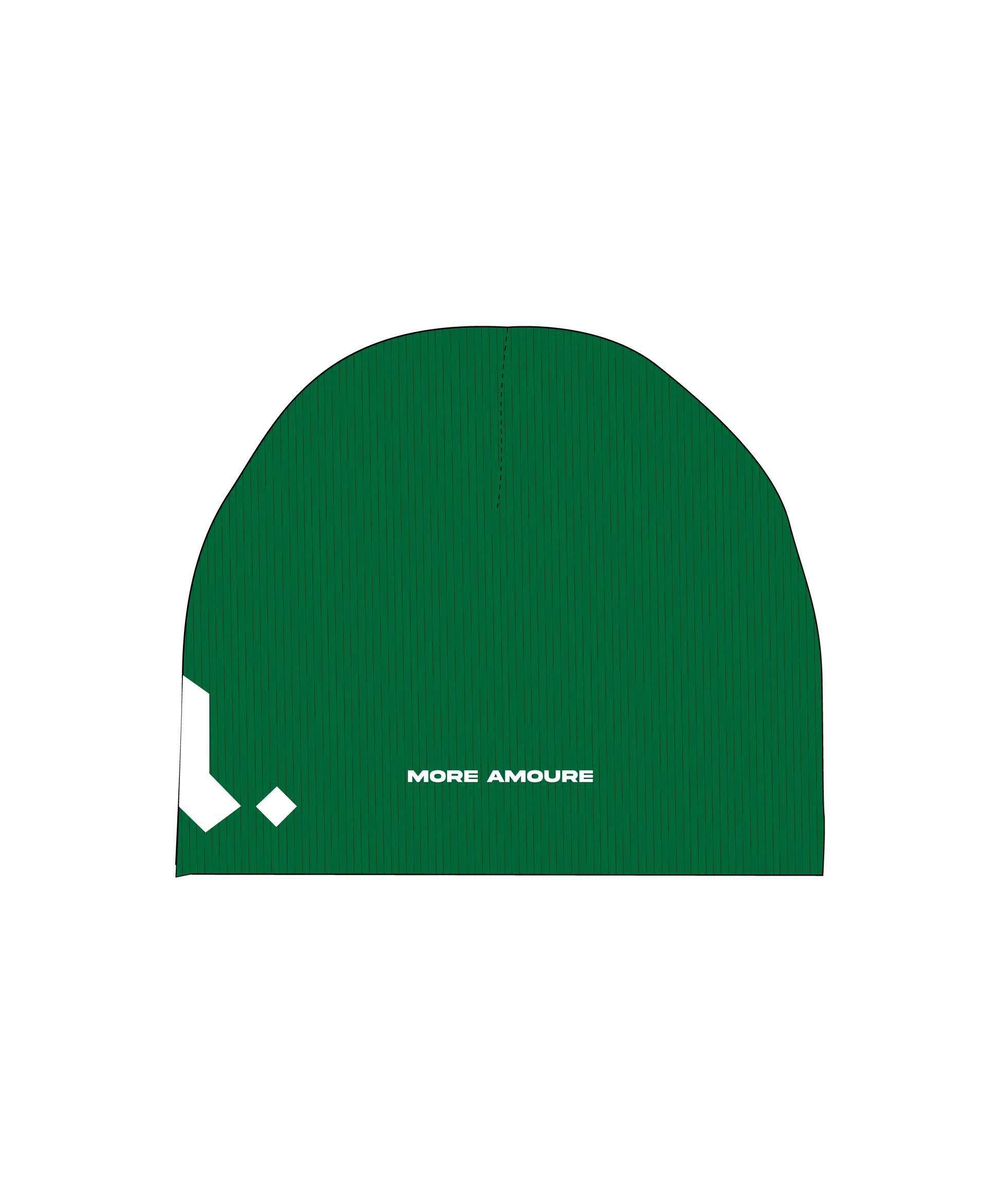 The back of the more amoure cotton beanie in green and white with white embroidery of the brand name more amoure