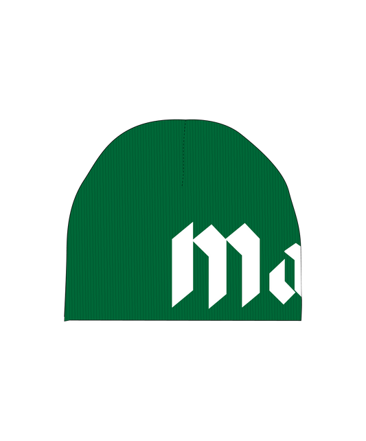 The front of the Ma. cotton beanie in green and white