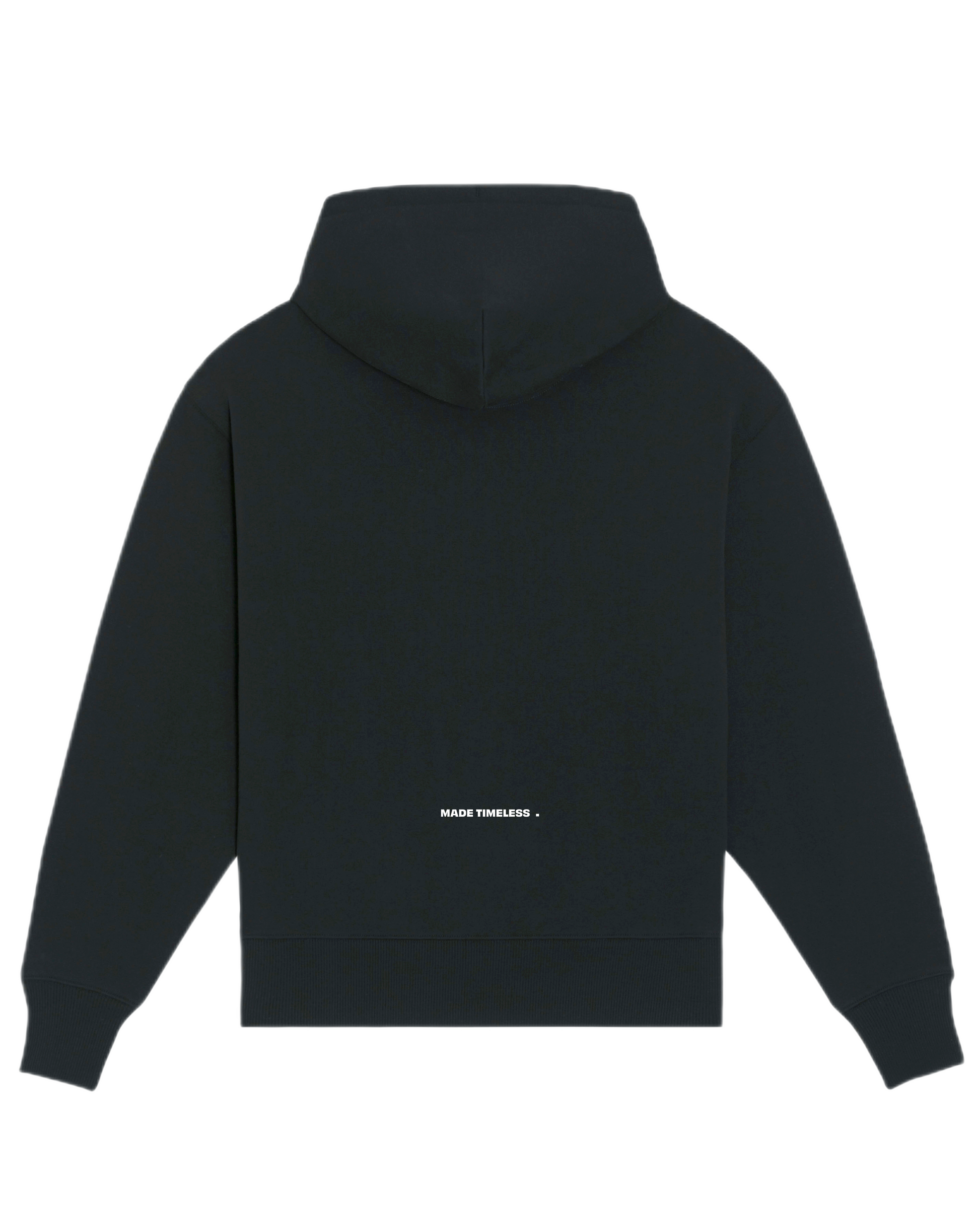 Back of the heavyweight more amoure hoodie in black with the text made timeless printed on the lower back 