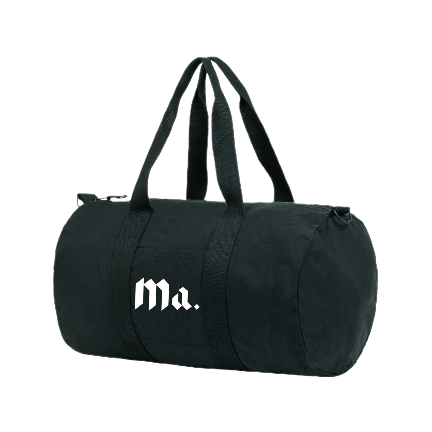 Black More amoure Duffle bag made out of organic cotton with the Ma. logo printed at the front