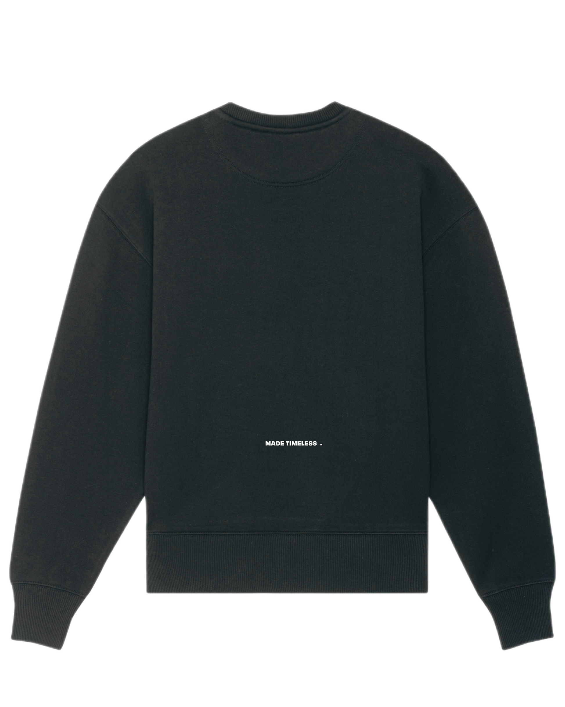 Back of the heavyweight more amoure crewneck in black with the text made timeless printed on the lower back