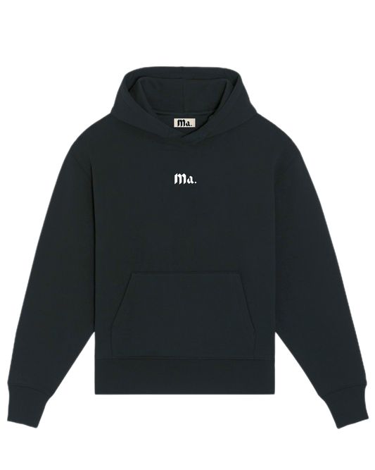 Heavyweight More amoure hoodie in black with a central mini Ma. logo design 
